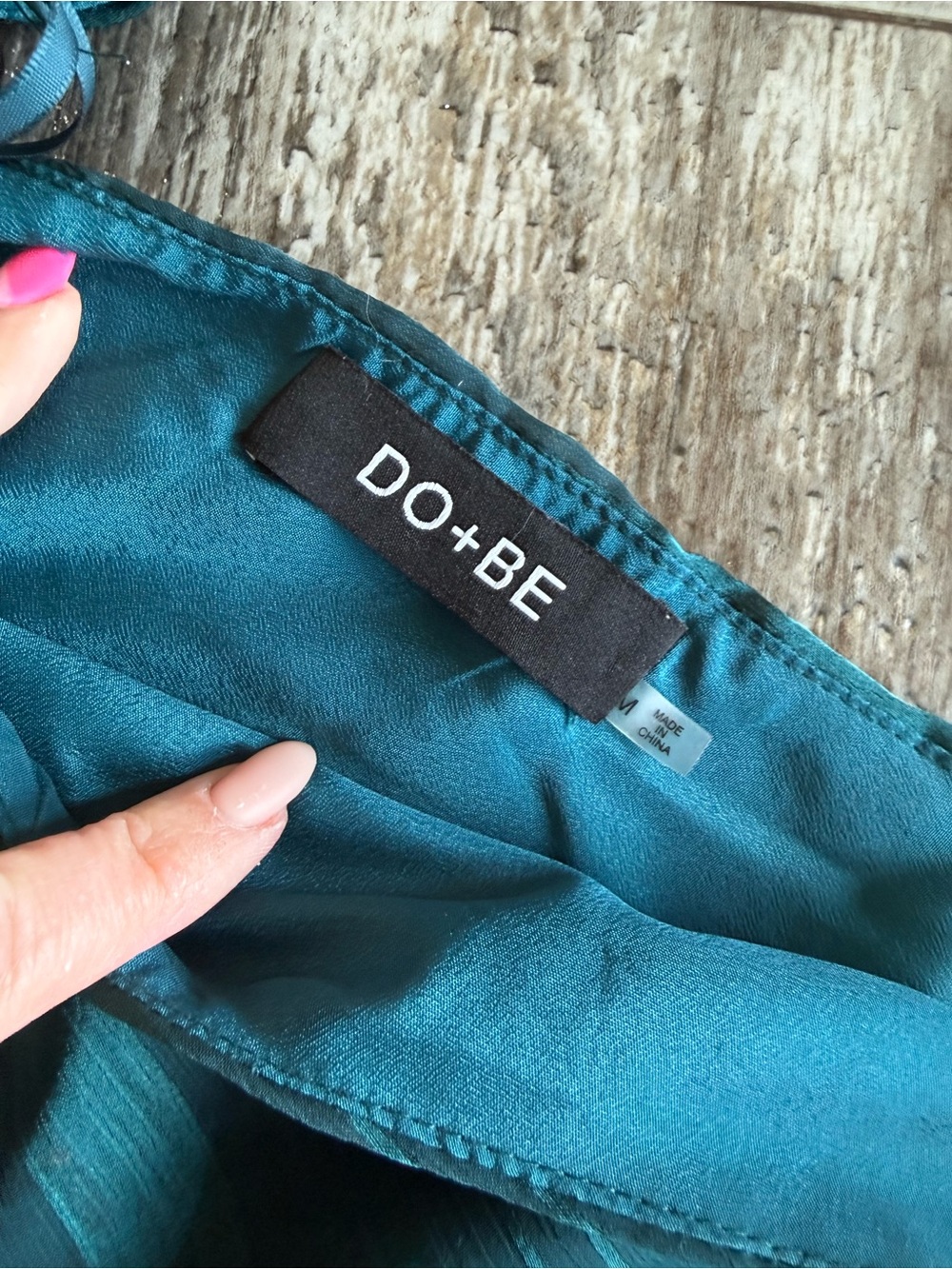 2 for $15 sale: DO+BE green asymmetrical one sleeve satin top - smocked waist - - Picture 3 of 5